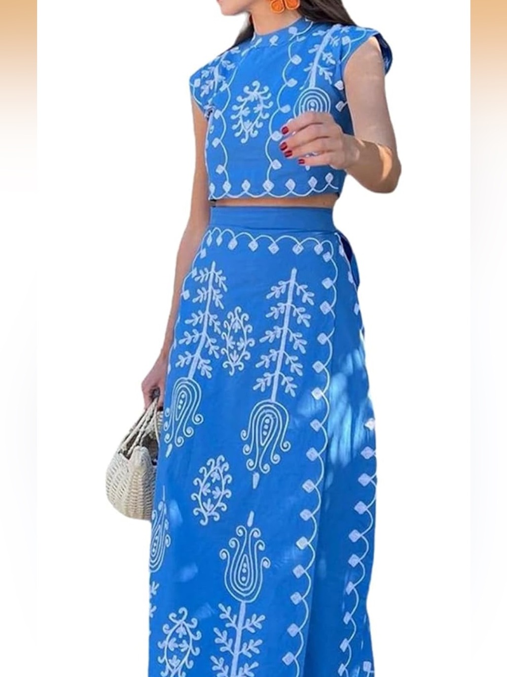 Amazon Blue Embroidered Two-Piece Maxi Skirt Set